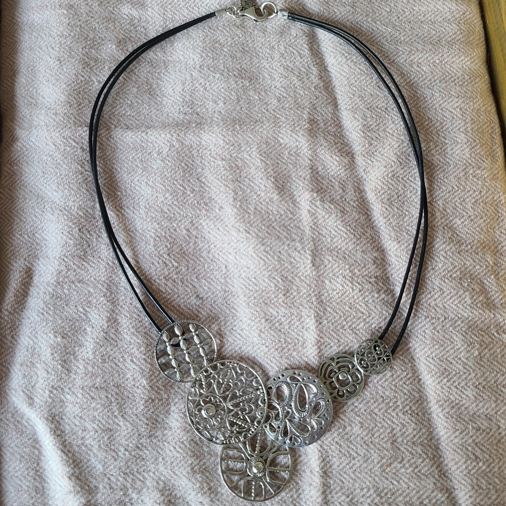 Silpada Silver Tone Filigree Disk Necklace with Black Cord